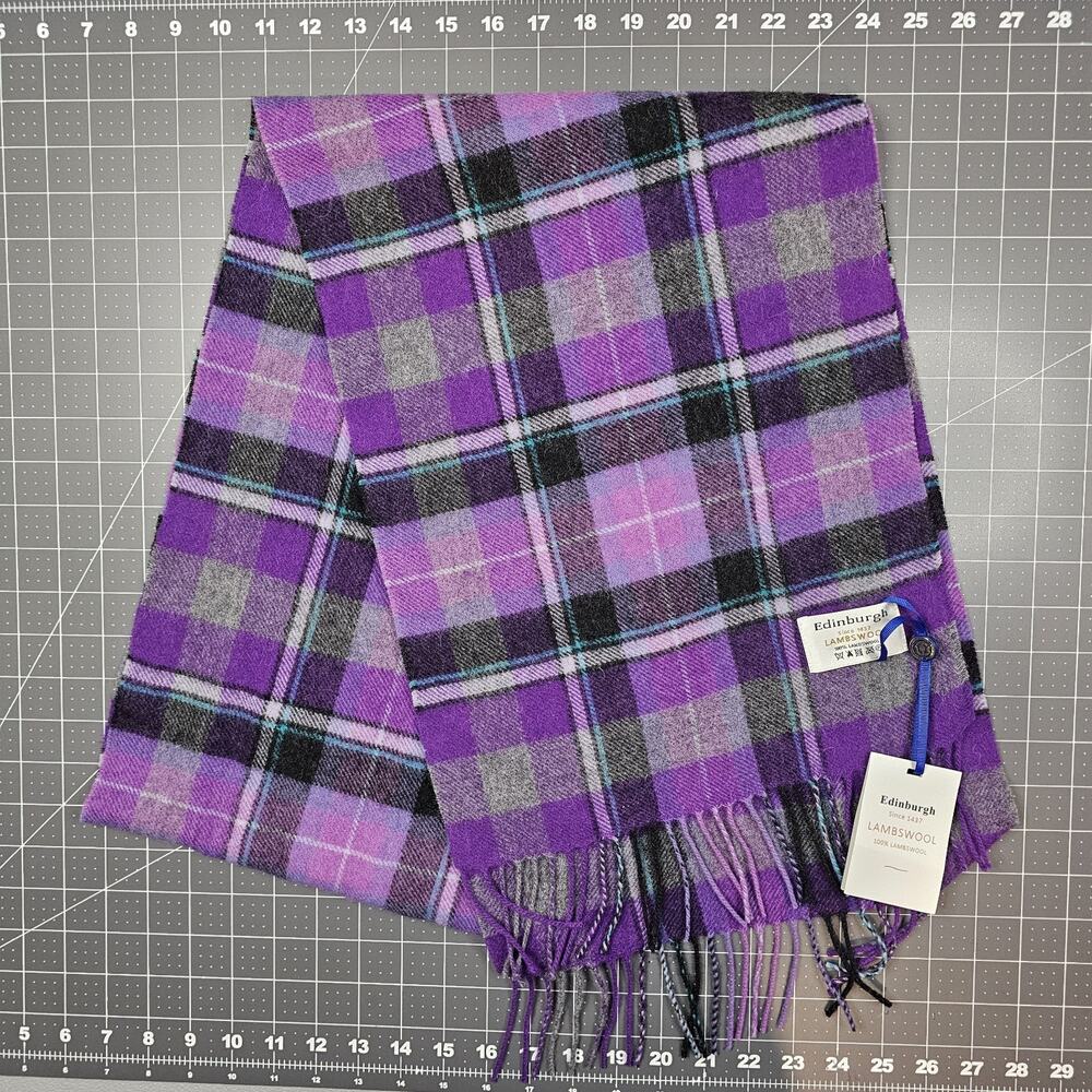 Edinburgh 100% Lambswool Scarf Bruce Royal Plaid 71x12 New NWT Purple Gray Wool